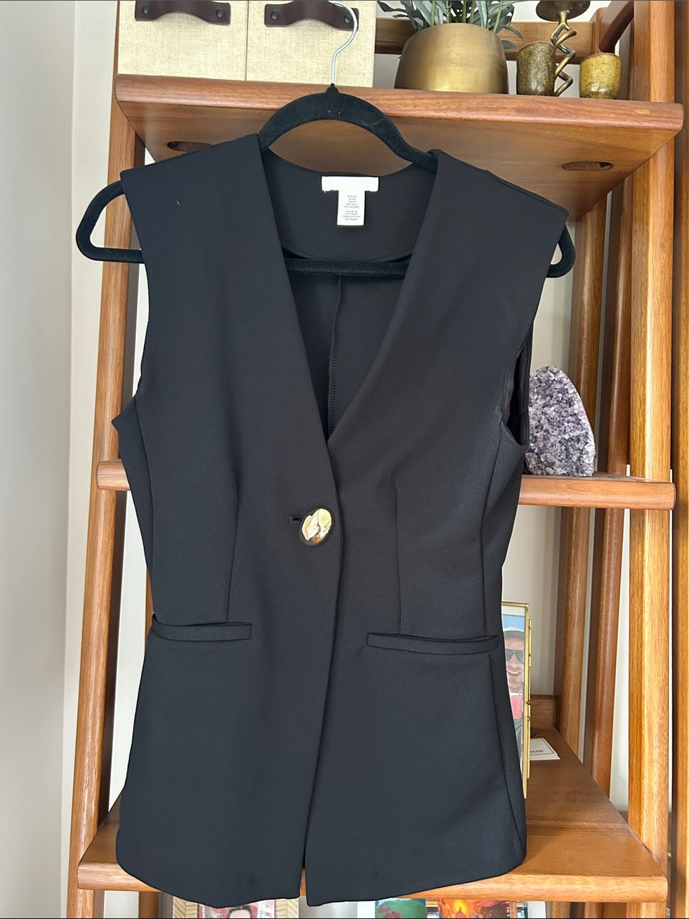 H&M Black Sleeveless Blazer Vest with Gold-Tone Button